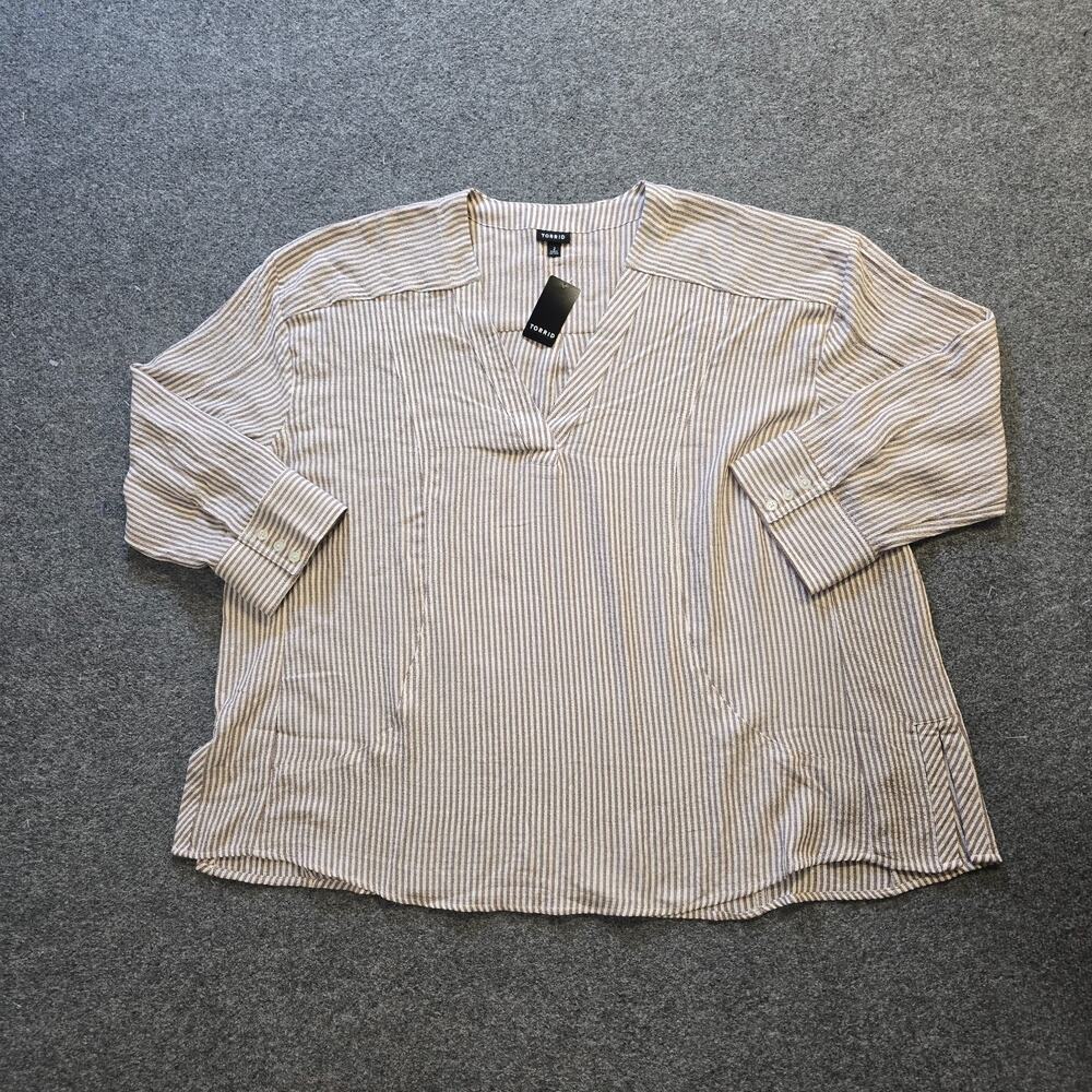 Torrid Top Womens Size 2X Brown White Striped Popover V Neck Boxy Capsule Career